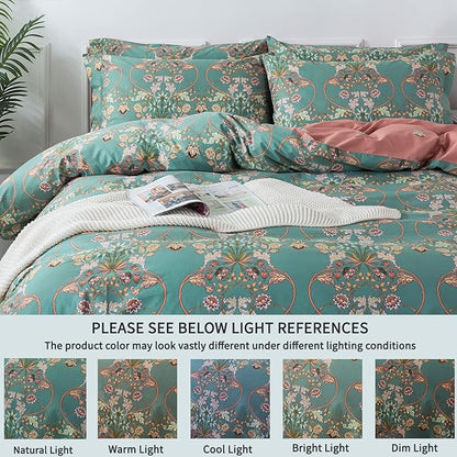 FADFAY Duvet Cover Set Button Closure Floral Bedding King/Cal King 100% Cotton 600 TC Shabby Vintage Blue Orange Reversible Luxury Boho Comforter Cover Soft Breathable 3Pcs