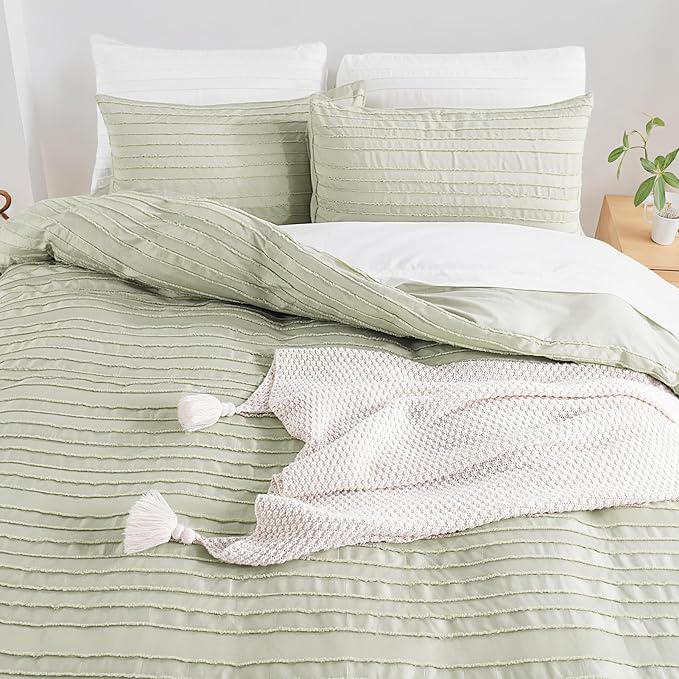 NEXHOME PRO Duvet Cover,3 Pieces Boho Tufted Duvet Cover Set, Soft and Lightweight 100% Washed Microfiber Comforter Cover Set(Sage Green,104 x 98)-No Comforter