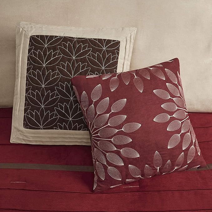 Madison Park Palmer Comforter Set-Luxury Faux Suede Design, Striped Accent, All Season Down Alternative Bedding, Matching Shams, Decorative Pillow, Bed Skirt, King (104 in x 92 in), Red 7 Piece