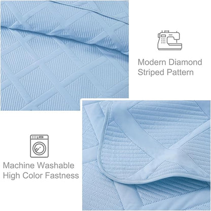 Exclusivo Mezcla Twin Size Quilt Set with Modern Striped Pattern, 2 Pieces Lightweight Sky Blue Quilts Bedding Set, Soft Bedspreads Coverlets for All Seasons
