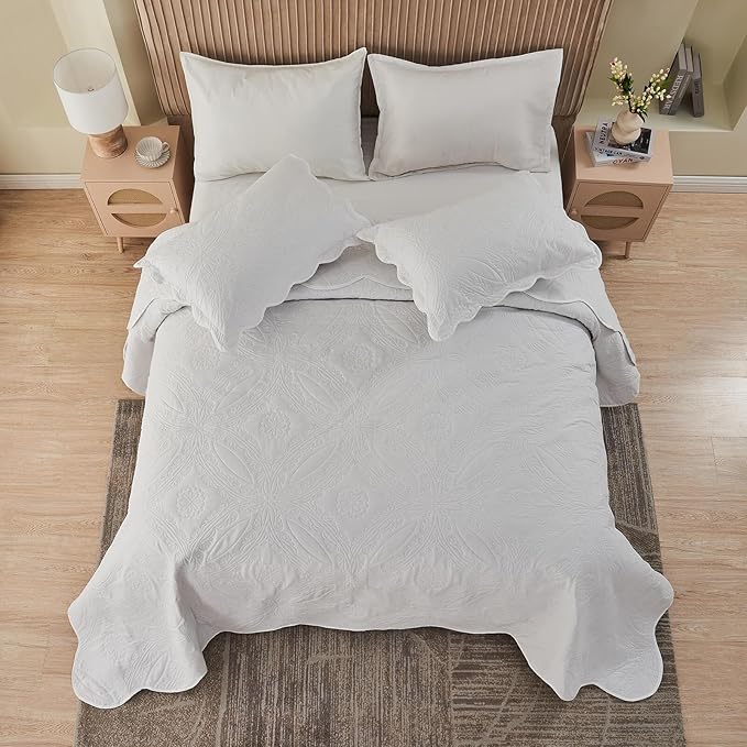 Kingnex Extra Wide Oversized King Bedspreads 128x120 for Tall King or Cal King Bed Ultrasonic Quilted Coverlet Set 3 Piece Include 1 Quilt 2 Pillowcases White