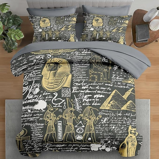 Comforter Set King Size, Retro Egyptian Egypt 7 Pcs Bedding for Kids and Adults, God Pharaoh Abstract Bed Sheet Sets with Fitted Sheet 2 Pillowcases & 2 Shams for Bedroom Bed Decor