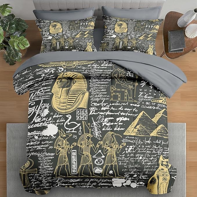 Comforter Set Full Size, Retro Egyptian Egypt 7 Pcs Bedding for Kids and Adults, God Pharaoh Abstract Bed Sheet Sets with Fitted Sheet 2 Pillowcases & 2 Shams for Bedroom Bed Decor