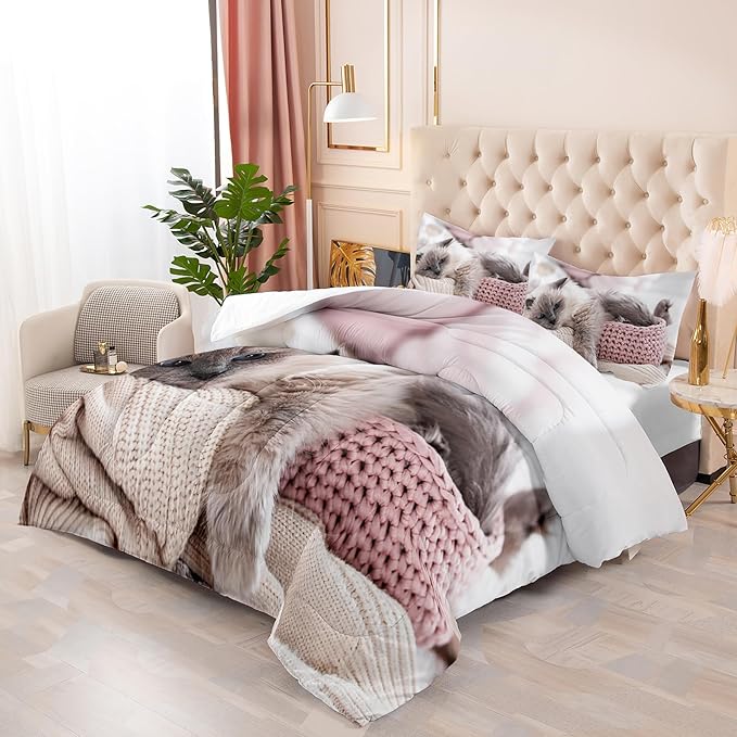 Queen Cat Comforter Set for Girls, Kawaii Queen Size Bedding, Cute Comforter Set for Teen Girls, Cat Room Decor