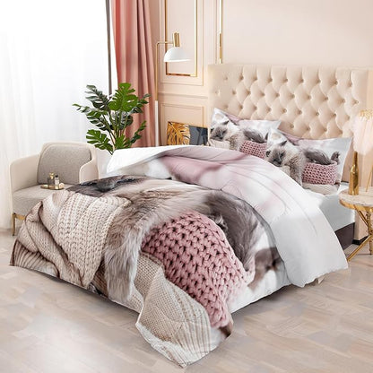 Queen Cat Comforter Set for Girls, Kawaii Queen Size Bedding, Cute Comforter Set for Teen Girls, Cat Room Decor