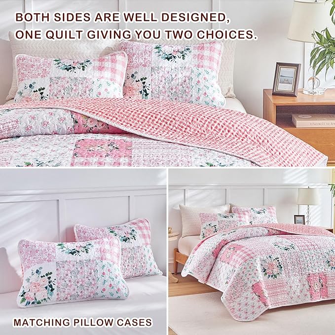 Joyreap 3 Pieces Floral Patchwork Quilt Set California King, 102x114 inches- Pink n White Flowers Design, Smooth Soft Microfiber Quilt, Bedspread Bed Cover for All Season