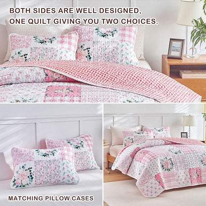 Joyreap 2 Pieces Floral Patchwork Quilt Set Twin, Pink n White Flowers Design, Soft n Cozy Microfiber Quilt, Bedspread Bed Cover for All Season, 1 Quilt and 1 Pillow Sham- 68x86 inches