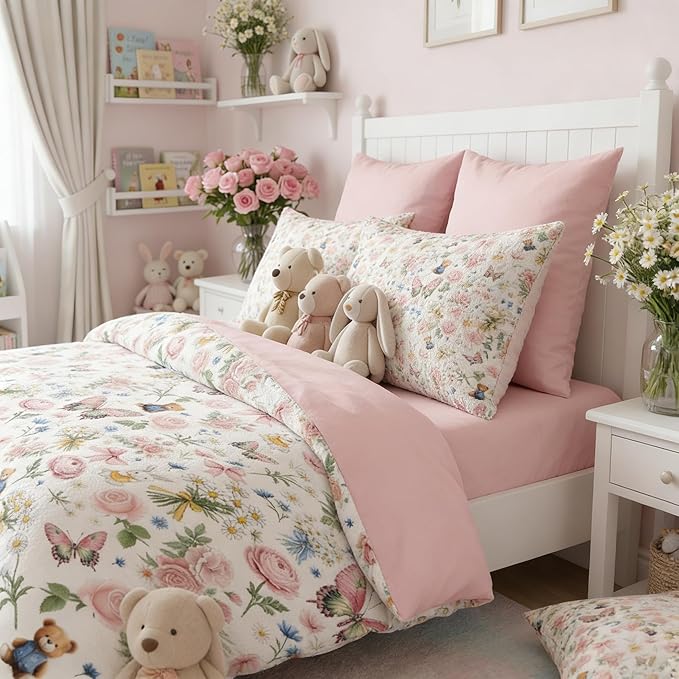 Pink Bow Comforter Set Twin for Girls, 2Pcs Butterfly Bedding for Kids Kawaii Bedroom Decor, Cute Priness Girly Rabbit Bear Comforter Set with 1 Pillowcase, 68"x86"
