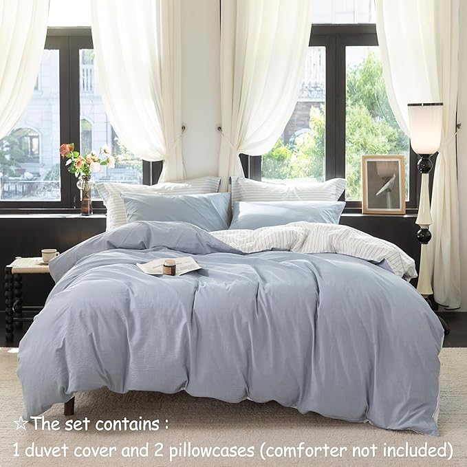 Reversible Duvet Cover Set 100% Washed Cotton Sky Blue Stripe Linen Feel Duvet Cover Super Queen Size with Zipper Closure & 2 Pillow Shams,Sky Blue/White Stripe Reverse Solid Sky Blue