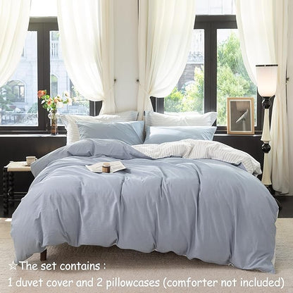 Reversible Duvet Cover Set 100% Washed Cotton Sky Blue Stripe Linen Feel Duvet Cover Full Size with Zipper Closure & 2 Pillow Shams,Sky Blue/White Stripe Reverse Solid Sky Blue