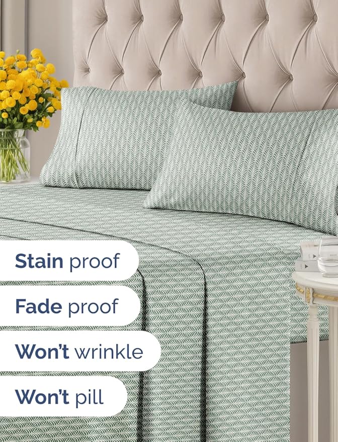 Floral Sheets - Green Floral Bed Sheet Set - 1 Flat, 1 Fitted & 2 Pillowcases w/ Deep Pockets - Comfy, Wrinkle & Fade Free - Boho Botanical Bedding - Soft, Breathable and Cooling - Cal King Size Set