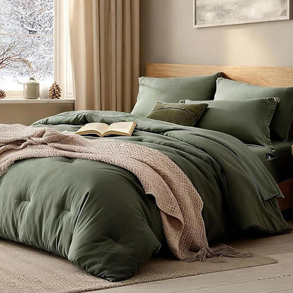 WRENSONGE California King Size Comforter Sets, 7 Pieces Olive Green Bed in a Bag with Fitted Sheet, Flat Sheet, 2 Pillow Shams, 2 Pillowcases, Warm Bedding Sets for All Season