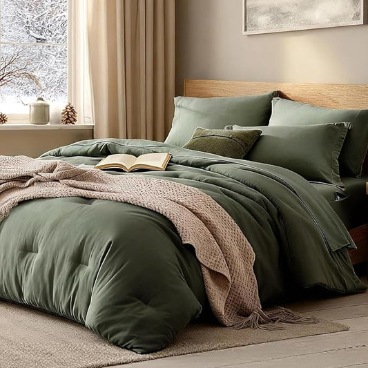 WRENSONGE Super King Plus Comforter Set- 7 Pieces Soft Olive Green Bed in a Bag with Fitted Sheet, Flat Sheet, 2 Pillow Shams, and 2 Pillowcases- Warm Bedding Sets Super King Plus for All Season