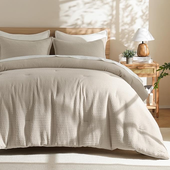 PHF Soft Waffle Comforter Set Queen Size- Comfy Breathable Waffle Weave Comforter with 2 Pillow Shams, 3 Pieces Less Snagging Lightweight Textured Bedding Set for All Season, Natural/Linen