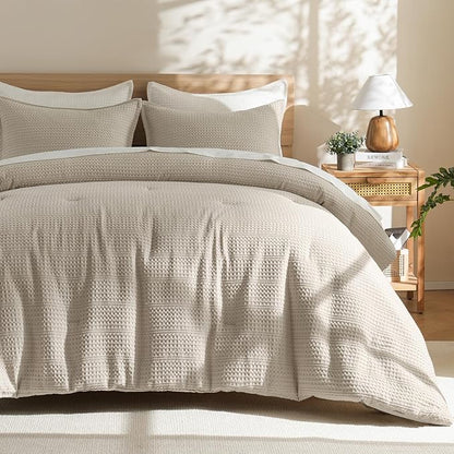 PHF Soft Waffle Comforter Set Queen Size- Comfy Breathable Waffle Weave Comforter with 2 Pillow Shams, 3 Pieces Less Snagging Lightweight Textured Bedding Set for All Season, Natural/Linen