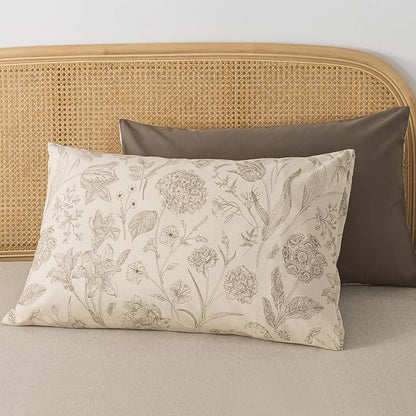 Zusbest 100% Cotton Khaki Floral Pillowcases Standard Size Set of 2, 19''×29'', Queen Size Beige Vintage Toile Floral Printed Reversible Pillow Covers Soft Envelope Queen Pillowcase Protectors