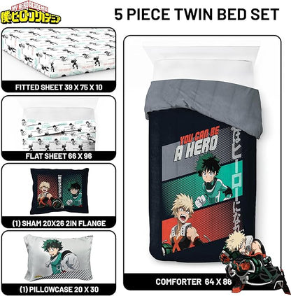 Jay Franco Kids Comforter Set Includes Sheets and Pillow Covers - Soft and Cozy Bed Set for Stylish Room Decor, Black - My Hero Academia, 5 Piece Twin Size Bedding
