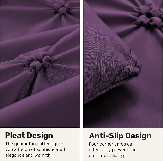 UNIKOME Queen Comforter Set Purple - Ultra Soft Boho Pintuck Down Alternative Bedding Set for All Seasons, 3 Pieces Lightweight Warm Pinch Pleat Bed Set with Comforter, 2 Pillowcases