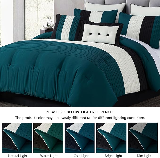Chezmoi Collection Loft 8-Piece Queen Comforter Set, Teal/Black/White Luxury Striped Bedding for All Season