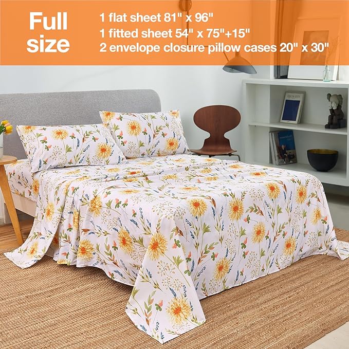 JSD Yellow Floral Printed Sheet Set Full Size, 4 Piece Soft Botanical Microfiber Bedding Sheets Extra Deep Pocket