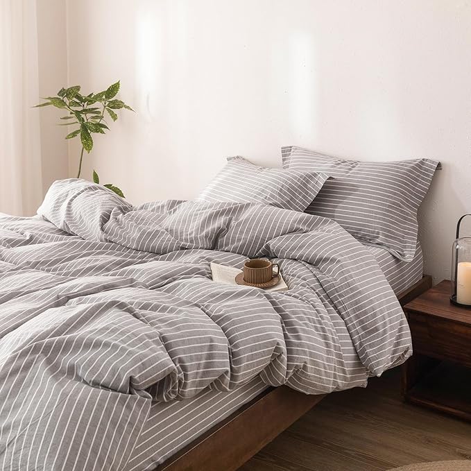 Stripe Duvet Cover King Size 104inch x 90inch, 100% Washed Cotton Linen Feel Duvet Cover, Pinstripe Duvet Cover with Zipper Closure and 2 Pillowcases, Color of Grey and White Stripe