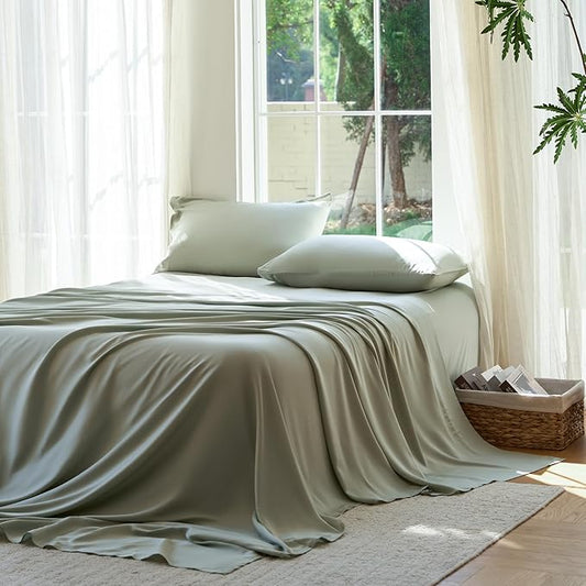 DOZ Sheet Set, 100% Viscose derived from Bamboo, Organically Grown, Buttery Soft, Cooling Sheets, High GSM, Deep Pockets - 3 Piece - 1 Pillowcase 1 Fitted Sheet 1 Top Sheet (Sage, Twin)