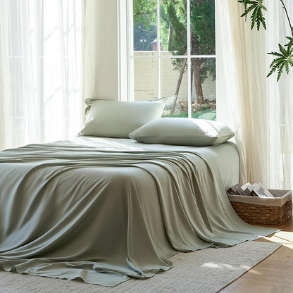DOZ Sheet Set, 100% Viscose derived from Bamboo, Organically Grown, Buttery Soft, Cooling Sheets, High GSM, Deep Pockets - 4 Piece - 2 Pillowcases 1 Fitted 1 Top Sheet (Sage, Cal King)