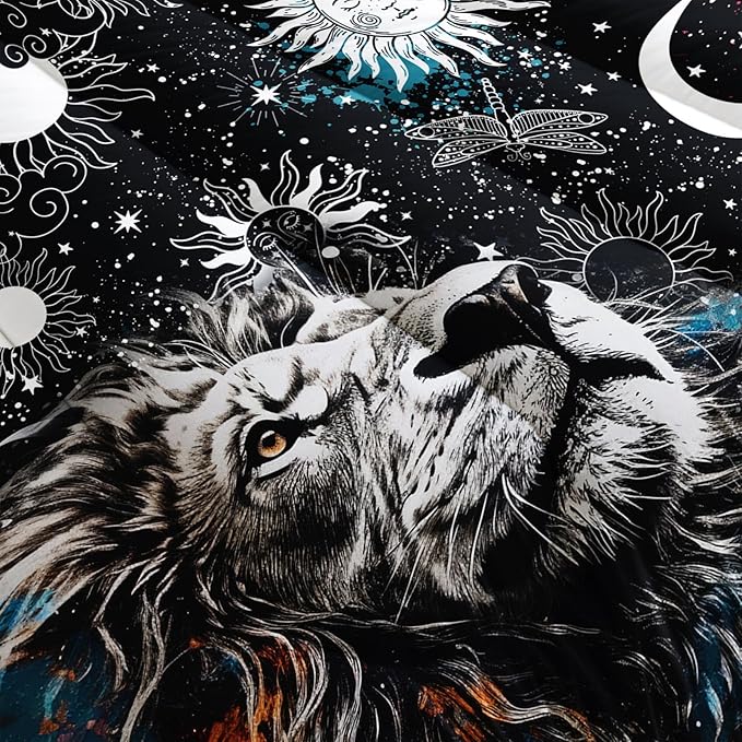 Galaxy Lion Comforter Set Full Sun and Moon Bedding Sets 3PCS for Kids Teen Adult Room Decor Ultra-Soft Lightweight Microfiber 1 Comforter with 2 Pillowcases