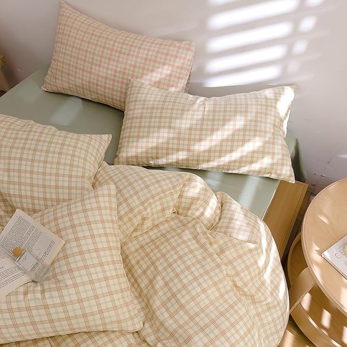 Vintage Beige Plaid Duvet Cover Twin XL 100% Cotton Muslin Grid Checkered Plaid Bedding Set Breathable Linen Like Gauze Comforter Cover Farmhouse Beige Green Gingham Duvet Cover with Zipper Closure