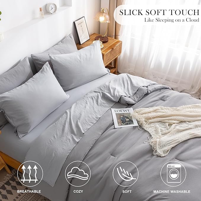 COTTEBED Ultra-Soft Twin Comforter Set with Sheets - 5 Pieces Bed in a Bag Dark Grey Twin Down Comforter and Light Gray Bedding Sheet Sets, Lightweight Washed PolyCotton for Kids Boy Girls All Seasons