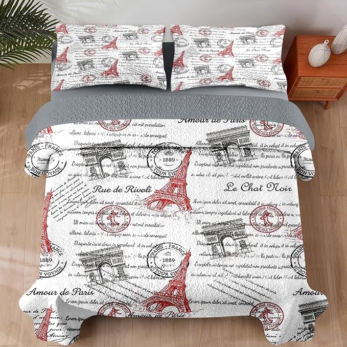 Quilt Set Twin Size, Paris Vintage Eiffel Tower 2 Pcs Soft Bed Cover Bedding Set for Kids and Adults, France Old Iron Lightweight Bedspread Coverlet with Pillow Sham for All Season