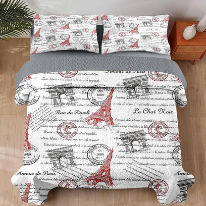 Quilt Set Twin Size, Paris Vintage Eiffel Tower 2 Pcs Soft Bed Cover Bedding Set for Kids and Adults, France Old Iron Lightweight Bedspread Coverlet with Pillow Sham for All Season