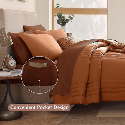 Monbix Queen Comforter Set - 7 Pieces Burnt Orange Bed in a Bag Queen Bedding Sets with Comforters, All Seasons Comforter Bed Set with Sheets, Pillowcases & Shams
