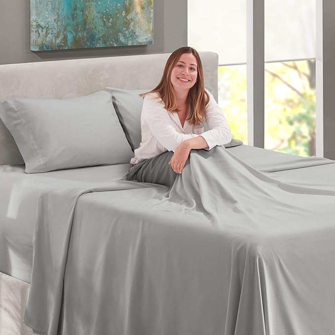 Nestl Queen Size Sheet Set, 4 Piece Extra Deep Pocket (18-24 inches), Microfiber, Cooling, Hotel Luxury, Soft, Breathable, Wrinkle-Free, Easy to Care, Light Grey