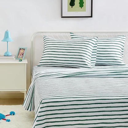 Amazon Basics Microfiber Kids' Sheet Set with 2 Pillowcases, 4-Piece, Green Stripes, Queen