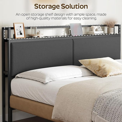 King Size Headboard Only with Storage Shelves, Upholstered Headboard with Charging Station, Height Adjustable, Sturdy and Stable, Vintage Style, Black