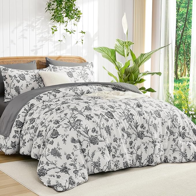 Luxudecor Floral Comforter Set King Size 7 Pieces, Dark Grey Flower with Bird Bed in a Bag, Soft Reversible Comforter with Sheet Bed Set 104"x90"