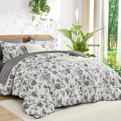 Luxudecor Floral Comforter Set King Size 7 Pieces, Dark Grey Flower with Bird Bed in a Bag, Soft Reversible Comforter with Sheet Bed Set 104"x90"