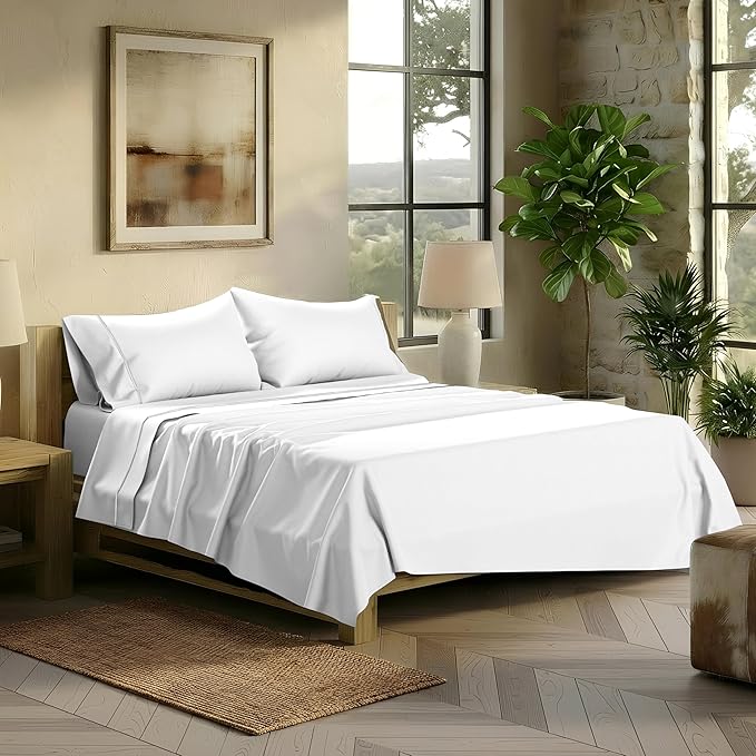 TEXAS LINEN CO. 100% Egyptian Cotton Sheets King Size - 2000 Series Luxury King Bed Sheet Set, Silky Soft Cooling Sateen Weave, 17” Extra Deep Pocket Hotel Collection Sheets (4 Pc, White)
