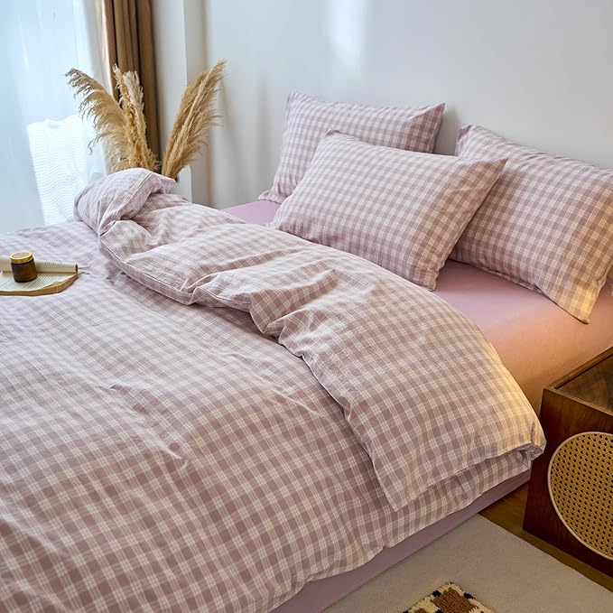 EAVD Vintage Style Gingham Duvet Cover Queen Purple White Soft 100% Washed Cotton Chic Grid Checkered Bedding Set with 2 Pillowcases Farmhouse Purple Plaid Duvet Cover with Zipper Closure
