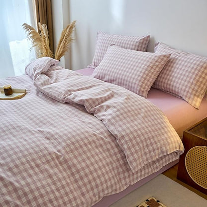 EAVD Vintage Style Gingham Duvet Cover Queen Purple White Soft 100% Washed Cotton Chic Grid Checkered Bedding Set with 2 Pillowcases Farmhouse Purple Plaid Duvet Cover with Zipper Closure