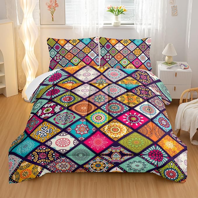 Polychrome Bohemia Comforter Sets King Size,Rhomboid Forms Pattern Bedding Set for Your Room,Abstract Soft Lightweight Quilted Set All Season 1 Comforter and 2 Pillowcases