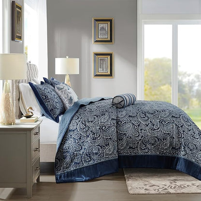 Madison Park Aubrey Reversible Quilted Bedspread Set, Solid Reverse Summer Breathable, Lightweight All Season Bedding Layer, Matching Shams, Bedspread Queen(102"x118"), Navy 5 Piece