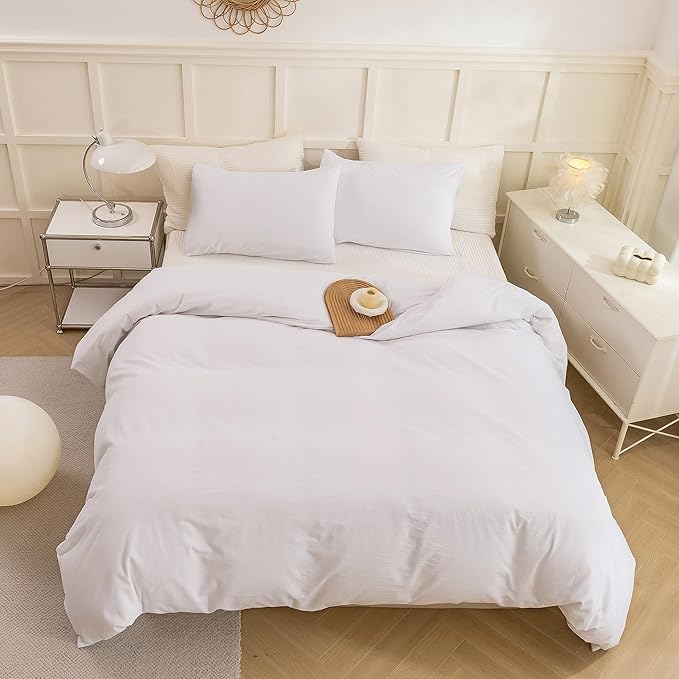 ECOCOTT White Duvet Cover King Size - 100% Washed Cotton Durable Soft Comfy Duvet Cover Set, Lightweight and Breathable with Zipper Closure & Corner Ties (White, 104''x90'')