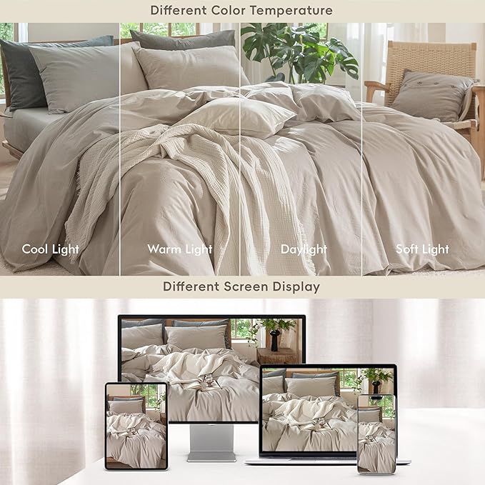 MooMee Bedding Duvet Cover Set 100% Washed Cotton Linen Like Textured Breathable Durable Soft Comfy (Solid Light Tan, Full 80"x90")