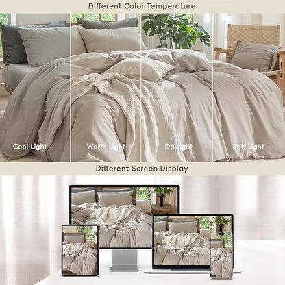 MooMee Bedding Duvet Cover Set 100% Washed Cotton Linen Like Textured Breathable Durable Soft Comfy (Solid Light Tan, Oversized King Plus 128"x120")