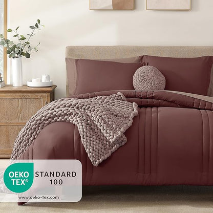 Monbix Full Comforter Set - 7 Pieces Dark Red Bed in a Bag Full Size Bedding Sets with Comforters, All Seasons Comforter with Sheets, Pillowcases & Shams