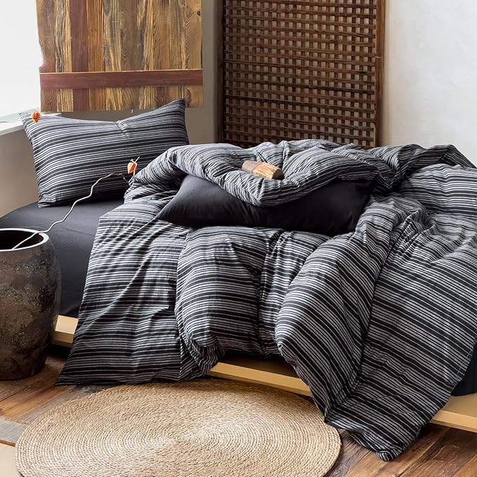 VM VOUGEMARKET Minimalist Black Stripe Duvet Cover Set – Soft Washed Cotton, Modern Neutral Ticking Pinstripe Farmhouse, 3 Pieces,Black&White,Queen Size