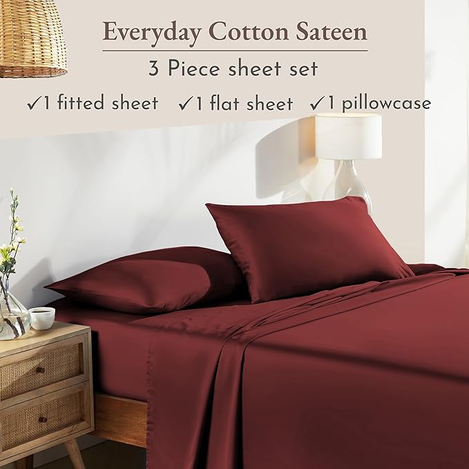 California Design Den Natural 100% Cotton Bed Sheets Twin XL Size Set - Soft Sateen Twin XL Sheet Set with 12" Pockets, Breathable and Durable Bedding for Dorm Rooms, College (Brick Red)