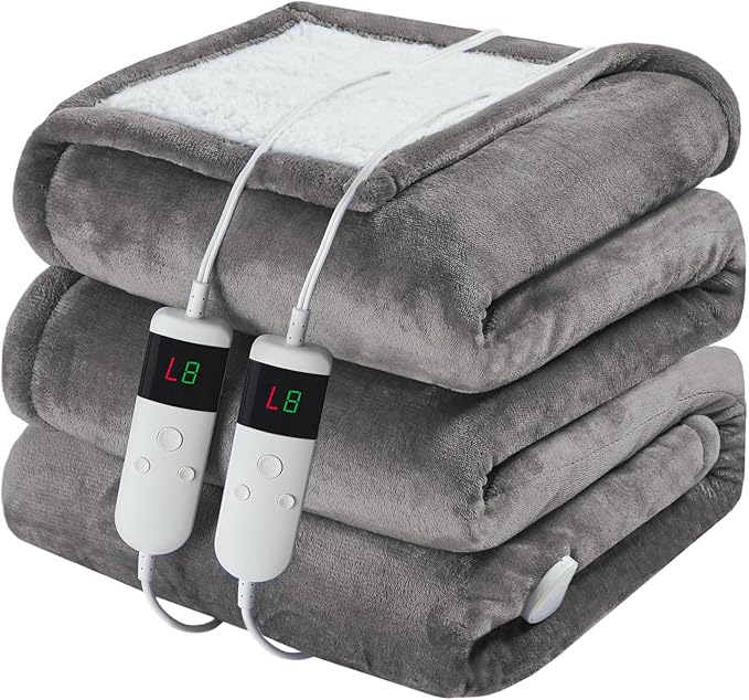 Electric Heated Blanket Queen Size 84''x90'' Soft Flannel & Sherpa Electric Blanket with 10 Heating Levels, Automatically Shut Down After 8h with Overheat Protection Machine Washable